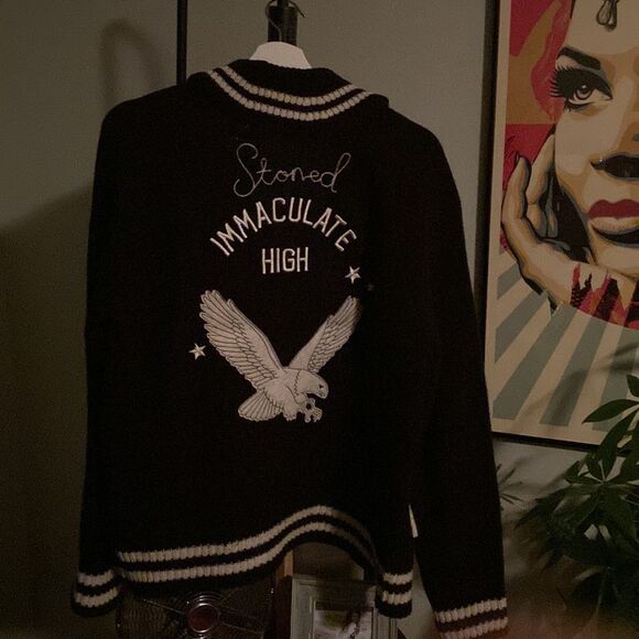 Stoned Immaculate Cardigan Size Large Varsity Sweater Black White Knit NWT Women - Picture 6 of 6